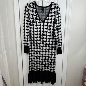 Cliche Womens Black White Houndstooth V Neck Long Sleeve Midi Dress Plus Size 1X